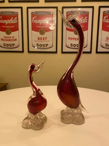 Vintage MURANO Glass Ducks Pair Red and Clear Figurines