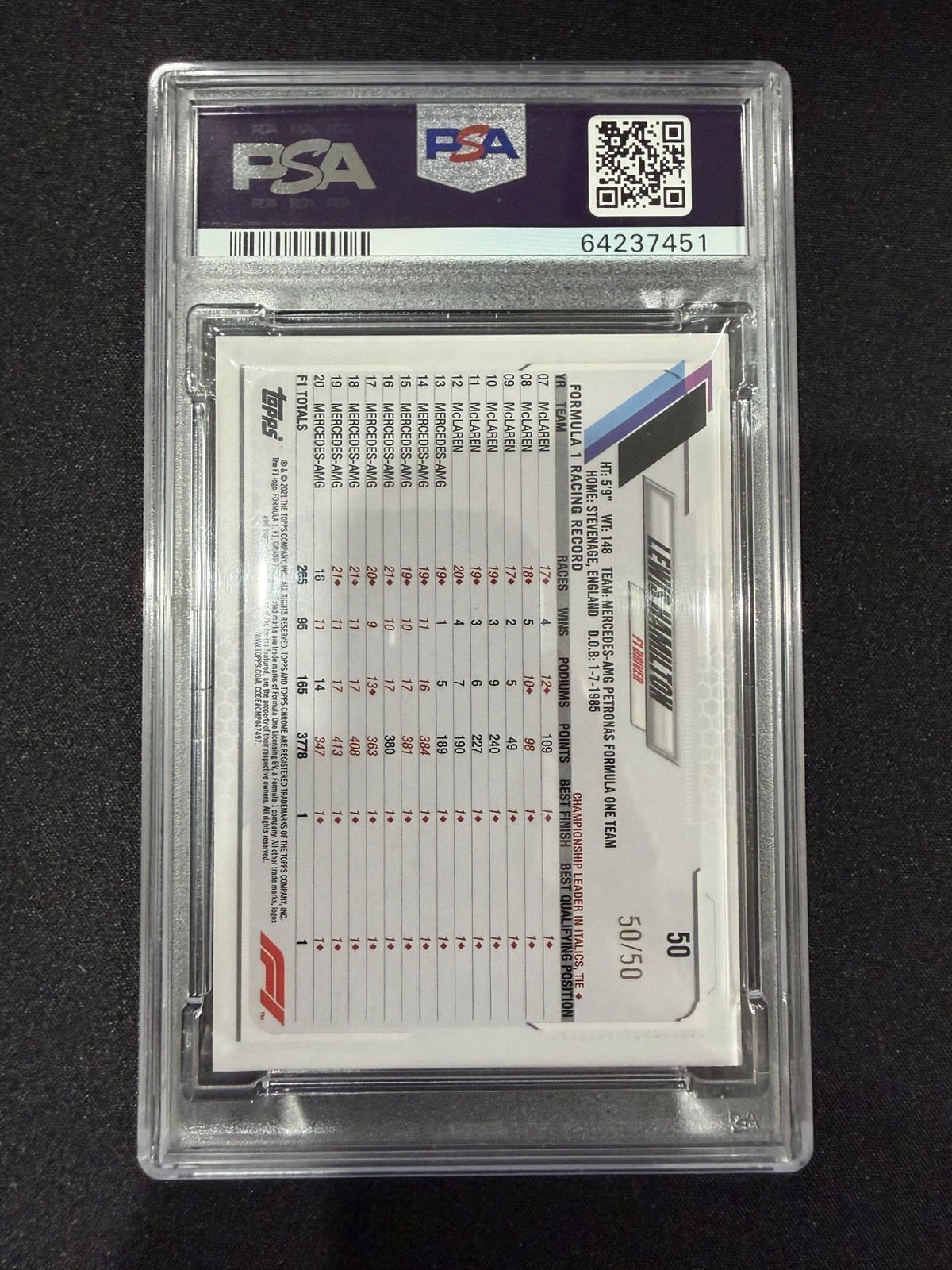 2021 TOPPS CHROME FORMULA 1 #50 LEWIS HAMILTON GOLD REFRACTOR PSA 10 #50 /50 F1 view 2