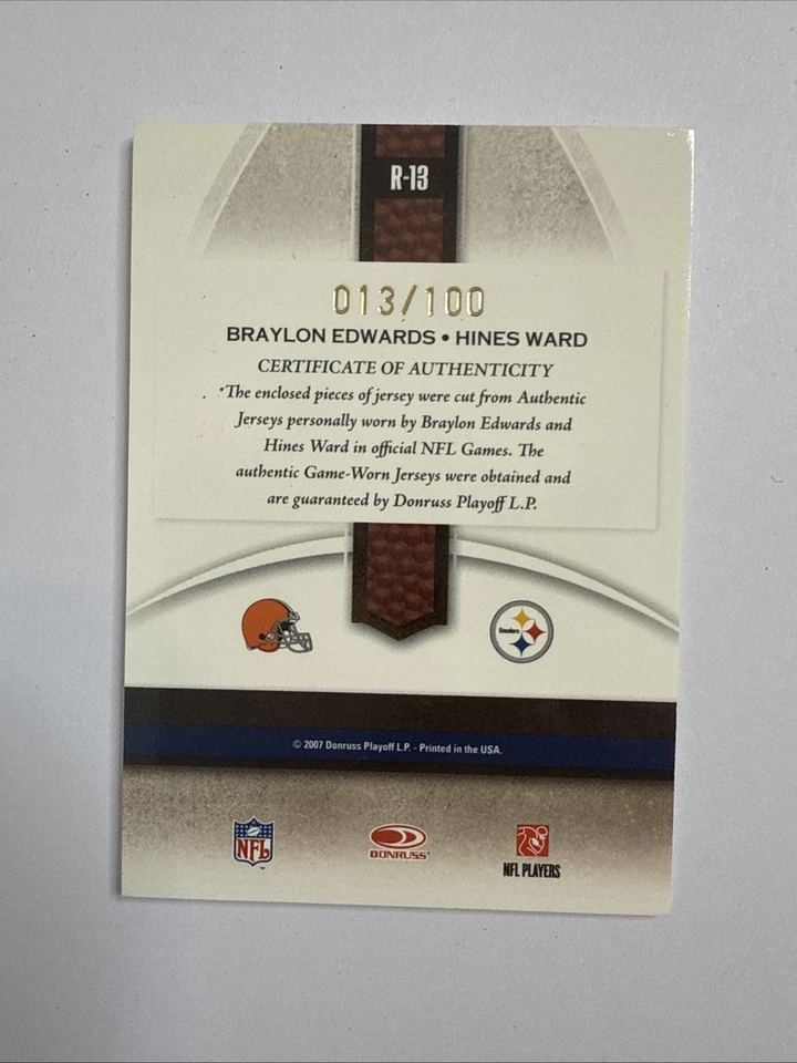 Donruss Gridiron Gear Rivals Silver 2007 #R-13 Braylon Edwards Hines Ward 013/10 Foto 4 de 4