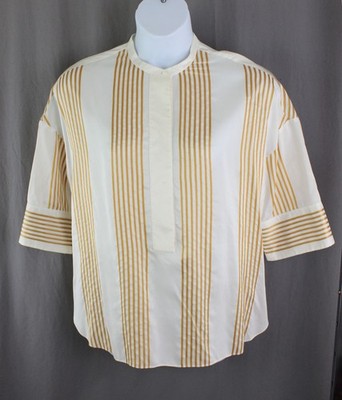 Loro Piana Women's Ivory Gold Striped 100% Silk 3/4 Sleeve Top Size XL