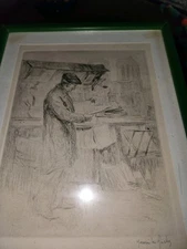 Framed Signed Engraving by Henri Le Riche The Newstand Paris France C1920 19x16”