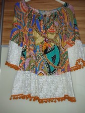 Bluse mit Carmenausschnitt bunt und Spitze  Ibiza/Boho Style Gr. 44/46 gebraucht