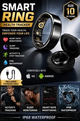 Smart Ring Health Tracker Size 10 IP68 Heart Rate Sleep Monitor w/ Charging Case