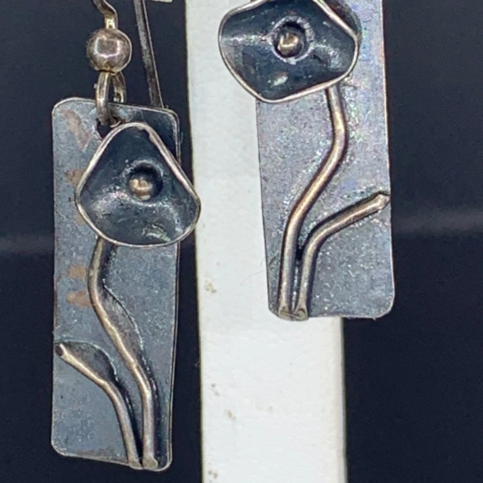 Handcrafted Silver Copper Mixed Metal Floral Earrings Dangle Modern Patina 7/8" - Image 2 of 4