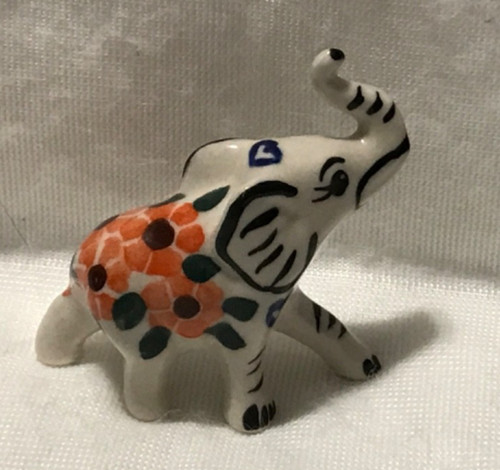Ceramika Boleslawiec Polish Pottery Elephant Figurine - Floral Trunk Up