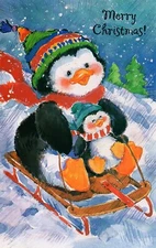 Cute CHRISTMAS Card FOR KID, Sledding Penguins by Gallant Greetings + Envelope