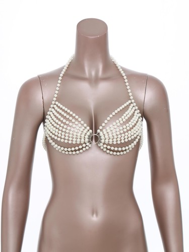 Womens Faux Pearl Body Chain Hollow Out Bra Tops for Beachwear Rave Party - Picture 18 of 71
