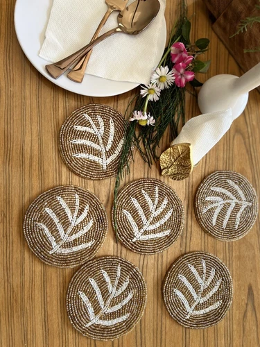 Beaded Round Leaf Coasters Set – Handmade Brown & White Drink Mats (Set of 6) - Picture 1 of 15