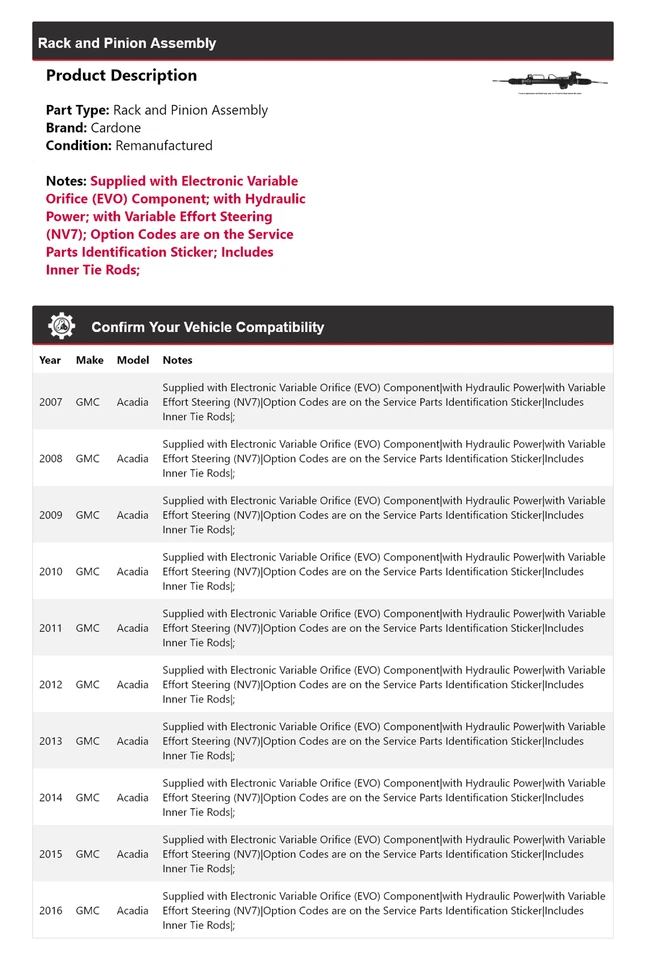 Conjunto de piñón y cremallera Cardone 2008 2009 2010 2011 para GMC Acadia 2007-2016 Foto 2 de 4