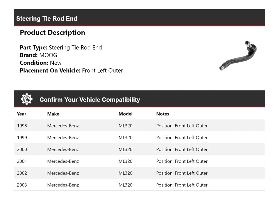 Для 1998-2003 Mercedes-Benz ML320 руль анкерный конец передний левый внешний MOOG - Изображение 2 из 4