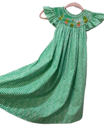 Vestido MOM & ME Niñas Verde Blanco Cactus Bishop Talla 6 Algodón Preppy Verano Foto 3 de 4