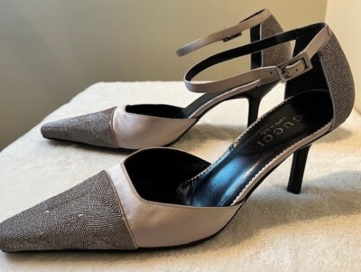 GUCCI PUMPS SILVER SATIN STRAP ANKLE MADE IN ITALY