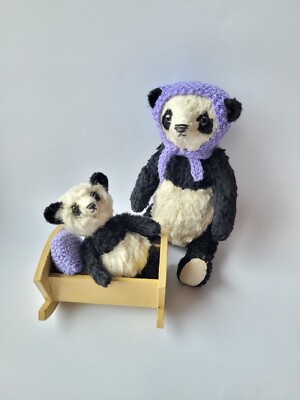 Hand Made Panda Teddy Bear Mother and Child in the Cradle ,Black and White Bear