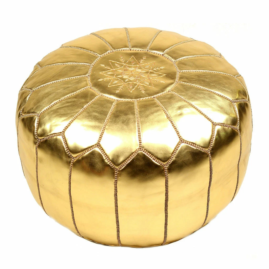 Gold faux Leather Round Ottoman Hand stitched Unstuffed Moroccan Boho Pouf