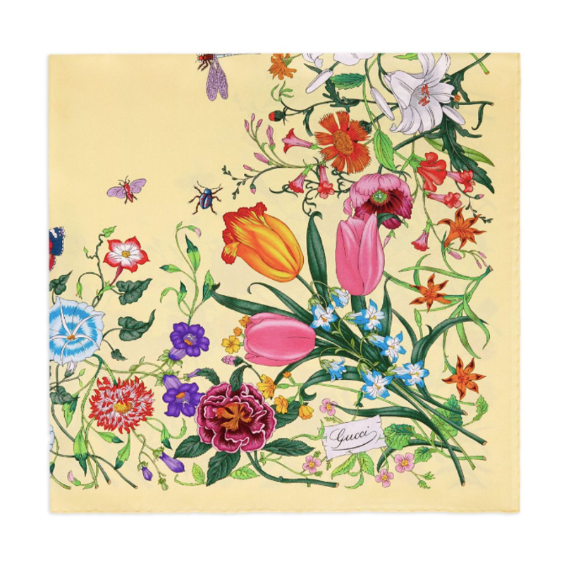 NEW GUCCI FLORA YELLOW MULTI FLORAL SILK SCARF HEAD WRAP NWT