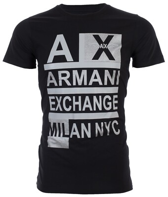 $50 ARMANI EXCHANGE Black STACKED Short Sleeve Slim Fit Designer T-shirt NWT