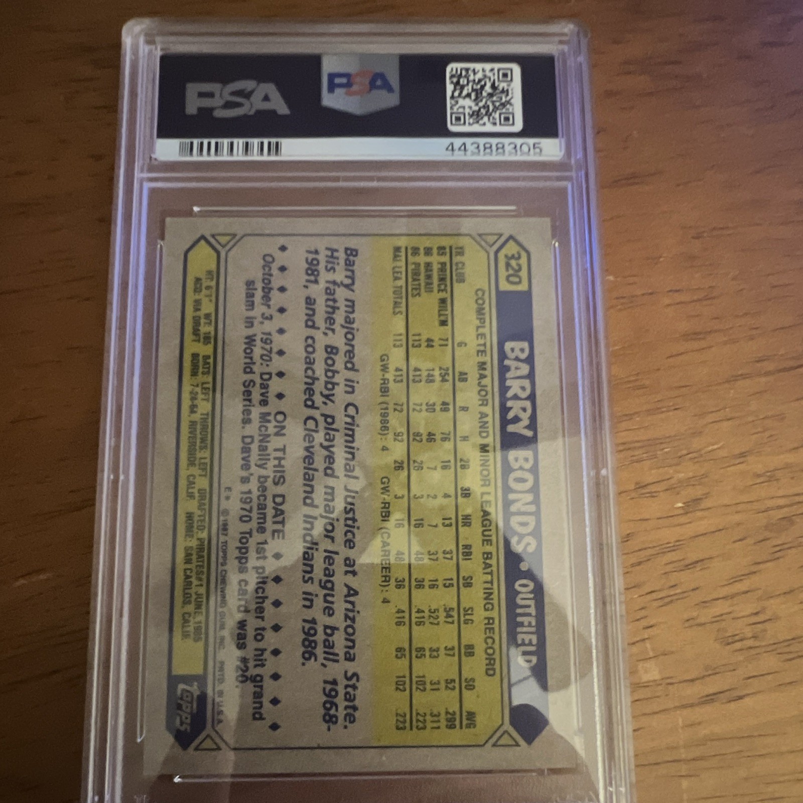 Topps 1987 Barry Bonds Rookie RC #320 Pirates MLB PSA 9 Graded view 4
