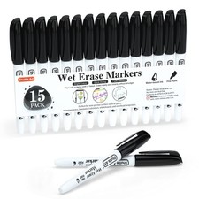 Wet Erase Markers, 15 Pack Black 1mm Fine Tip Smudge-Free Markers, Use on Lam...