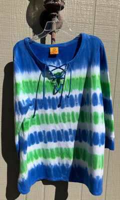 Ruby rd womens blouse sz xl tie neck 3/4 sleeves blue green tie-dye horz stripes