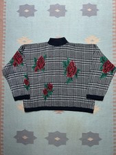 Vintage 80s acrylic knit sweater pullover roses flowers checkered cropped XXL