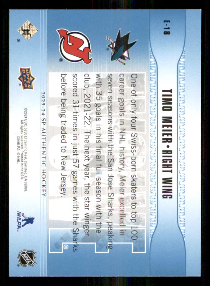 2023-24 SP Authentic Evolve Blue #E18 Timo Meier - Image 2 of 2