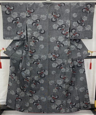 Japanese Vintage Kimono Silk Gray Tumugi Traditional Authentic Length 61 in