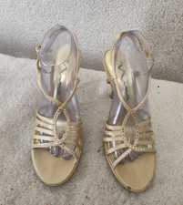 Nina Women Sandals 9M Gold Synthetic Strappy Heels Composition Rhinestone Shoes