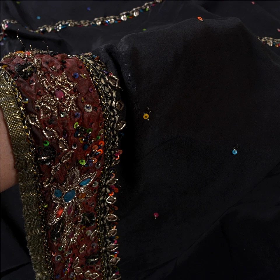 Tela de sari cultural con cuentas a mano 100 % seda pura saris negros vintage sánscriti Foto 4 de 4