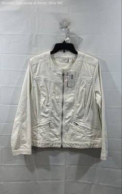 Chico's Women's Manuela Zippered Denim Jacket White Collarless NWT Size 2