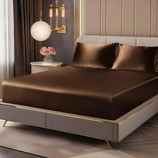 Satin Fitted Sheet and Pillowcase Set Cal King Size Brown 15 Inch Deep Pocket