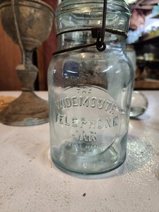 Wide Mouth Telephone Trademark Aqua Glass Canning Mason Fruit Jar Qt EZ Seal Lid