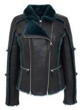 Womens Real Sheepskin Aviator Shearling Pilot Style Jacket Valerie Black Green