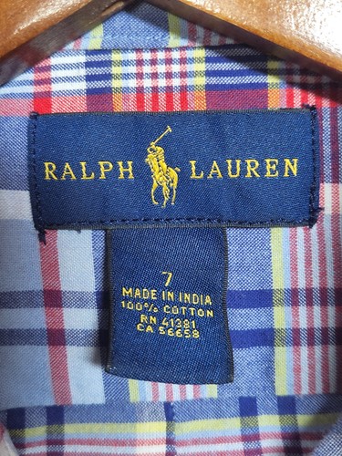 Camisa Polo Ralph Lauren Niños 7 Madrás Algodón a Cuadros Manga Corta Abotonada Azul - Imagen 3 de 8
