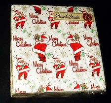 Punch Studio 40 Paper Beverage Napkins 3-ply Retro Santa w/ Gift Christmas 13241