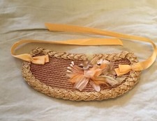 Antique Doll Bonnet Fine Straw w/Gold Braid Trim,Silk Flowers Satin Ribbon Ties