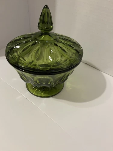 Vintage Anchor Hocking Fairfield Avocado Green Glass Lidded Pedestal Candy Dish