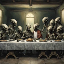 Aliens Last Supper - Canvas Space Art - Retro Futurism - Space Art