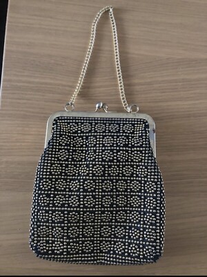 Vintage schwarz & gold Perlen Clutch Clip Handtasche Handgelenktasche
