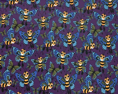 SCHMETTERLING BIENEN AUF STRETCH LILA JERSEY STOFF MATERIAL 60'' BREITE METERWARE