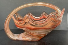 MCM Stretch Art Glass BASKET Vase Hand Blown Orange Swirl Cornucopia Murano-Styl