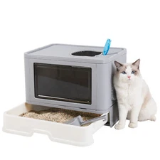 Cat Litter Tray Large Hooded Box With Seamless Filter Tray Self Grooming Brush