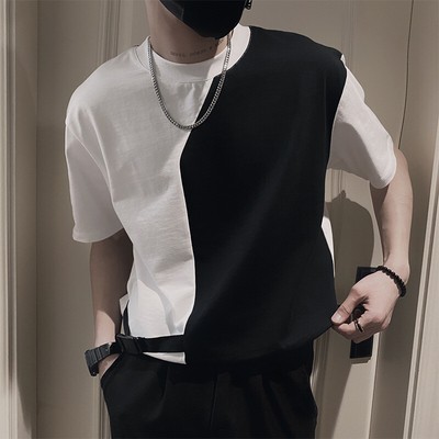 American Patchwork Half-Sleeve T-Shirt Mens Loose Summer Trendy Short Sleeve Tee