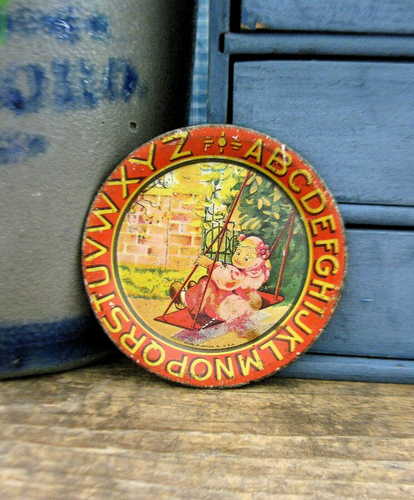 Early Antique Ohio Art Tin Doll Plate Girl on a Swing 3" Diameter Free Shipping