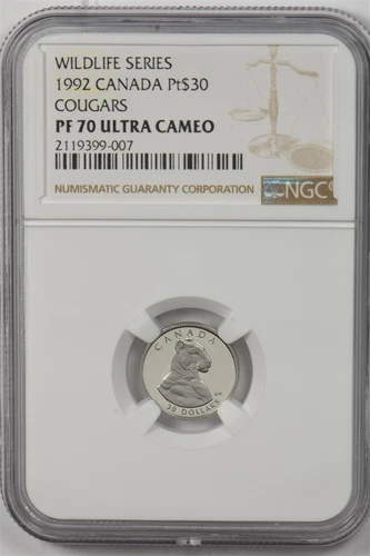 Canada 1992 $30 platinum NGC Proof 70UC cougars. 0.1oz platinum. Perfect 70. 350