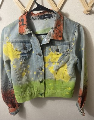 Navie Tie Dye Paint Splatter Jacket Women s Size Large Cropped Jean Distressed