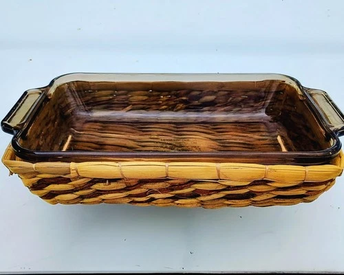 Vintage Anchor Hocking Basket Buffet 2 Quart Amber Rectangle Baking Dish NEW