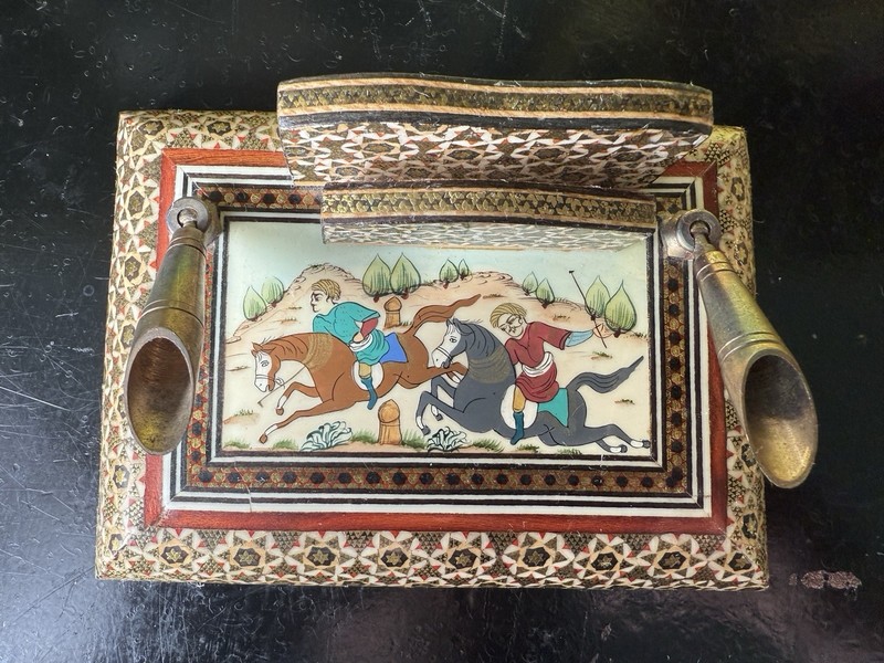 Vintage Persian Wooden Desk Organizer Inlaid Mosaic Art with Brass Pen Holders!