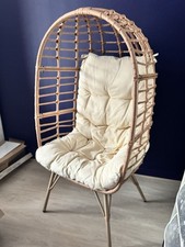 Egg-Shaped Rattan Tufted Lounge Chair with Cushion Natural Beige Outdoor