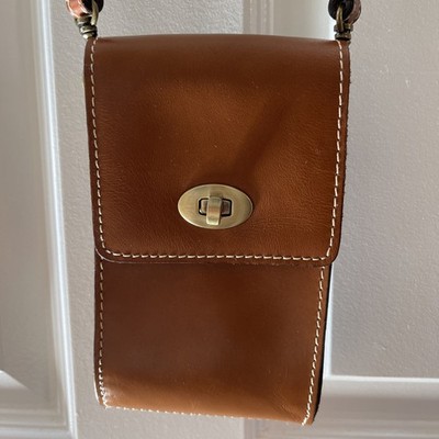 Patricia Nash Brown Leather Cell Phone Holder Crossbody Bag With Brass Turn Lock