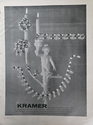 1958 Kramer Florentine Necklace Bracelet Earrings Pin vintage jewelry art Ad